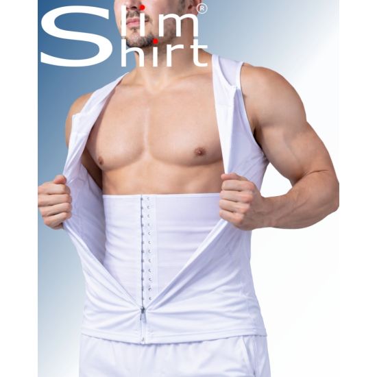 Men's shapewear vest with an internal adjustable figure-correcting waist band for a customized fit.
